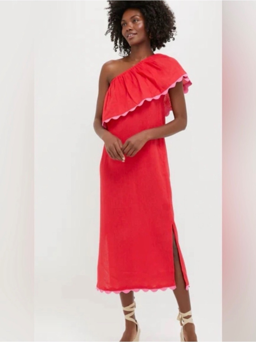 Tucknuck One-Shoulder Red Ruffle Midi Dress